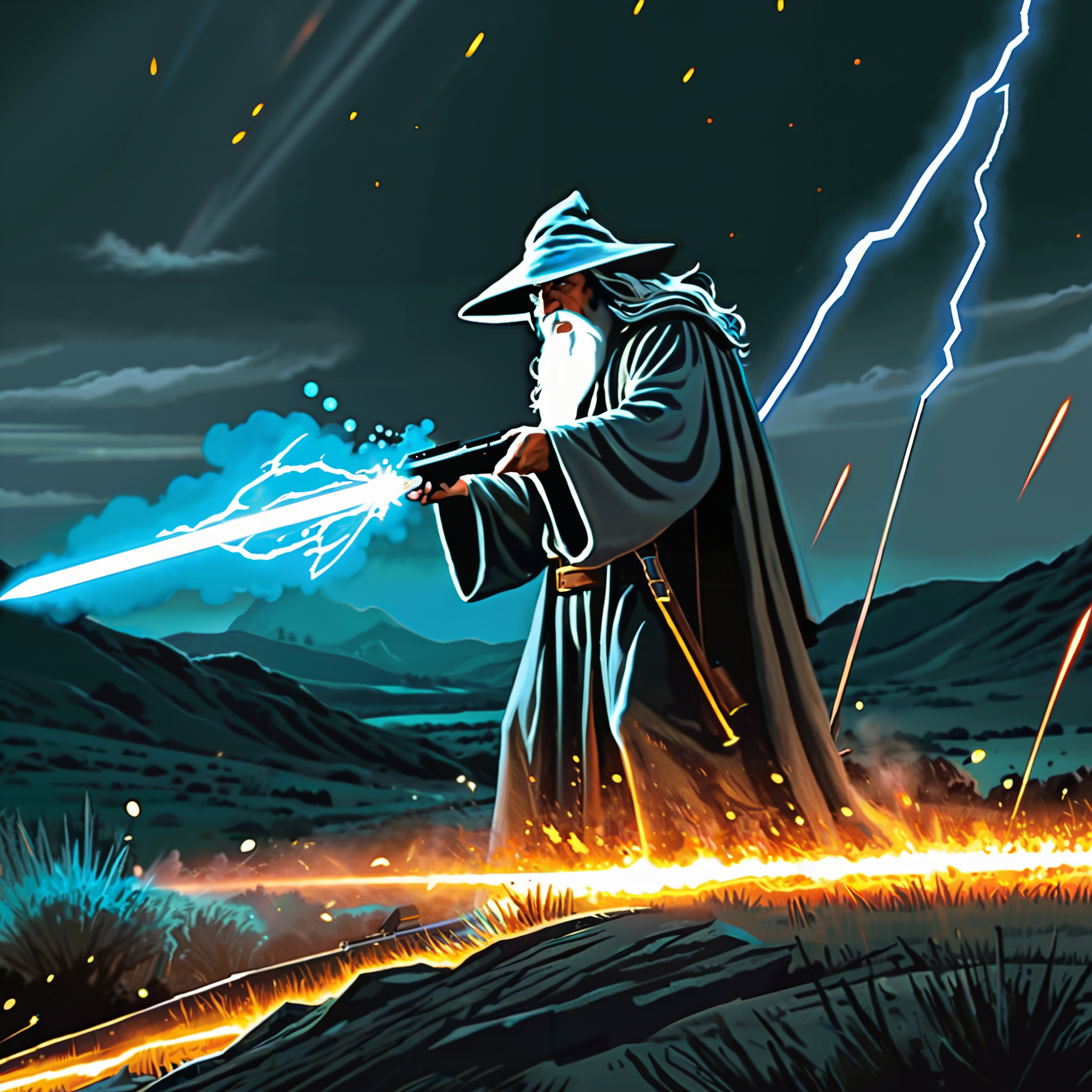 00045-3152215256-Gandalf the Grey holding  bioluminescent  Assault Rifle shooting  glowing laser beams ,middle earth, plains, comicbook style, ex.png